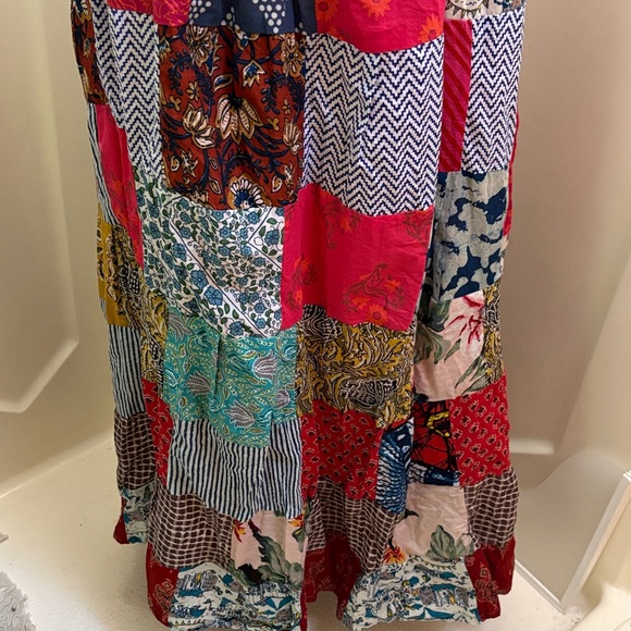 Boho Patchwork Freesize Maxi Skirt with Red elastic Waistband - Picture 2 of 4